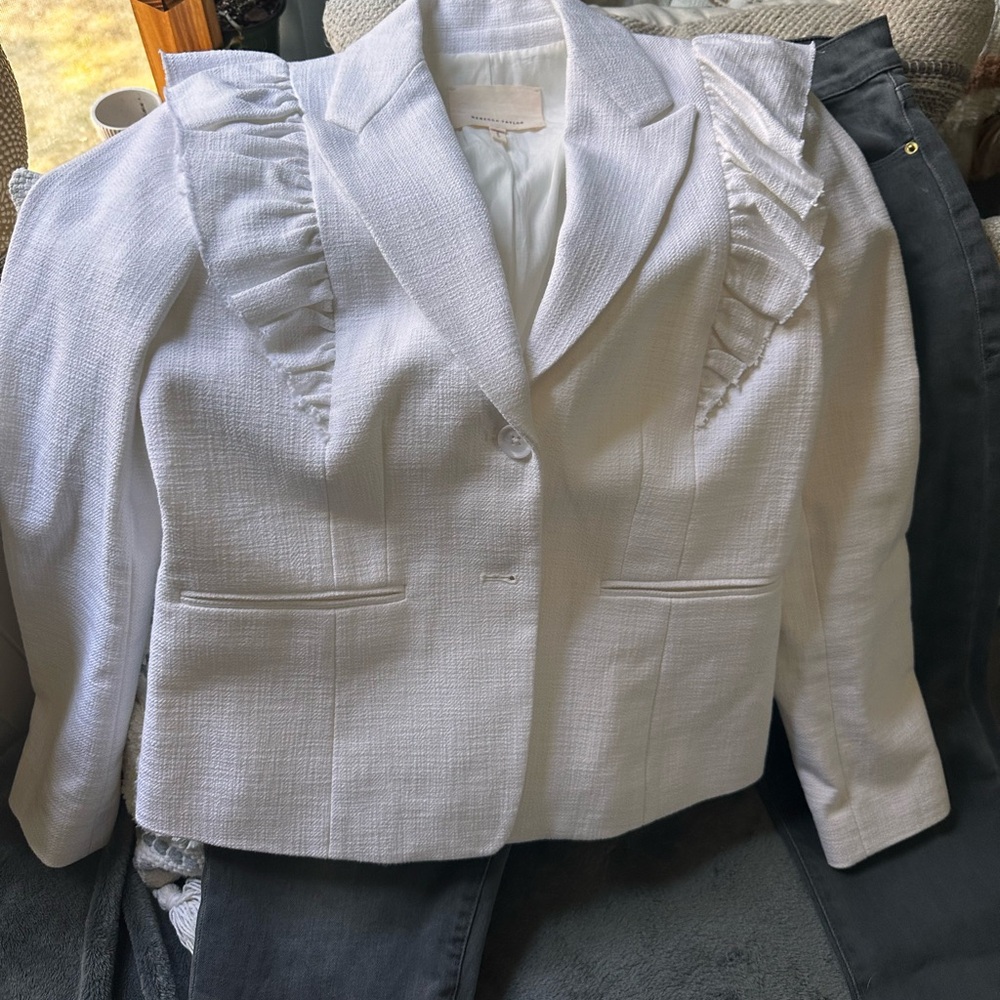 Rebecca Taylor White Textured Blazer with Ruffle Detail - Size 0